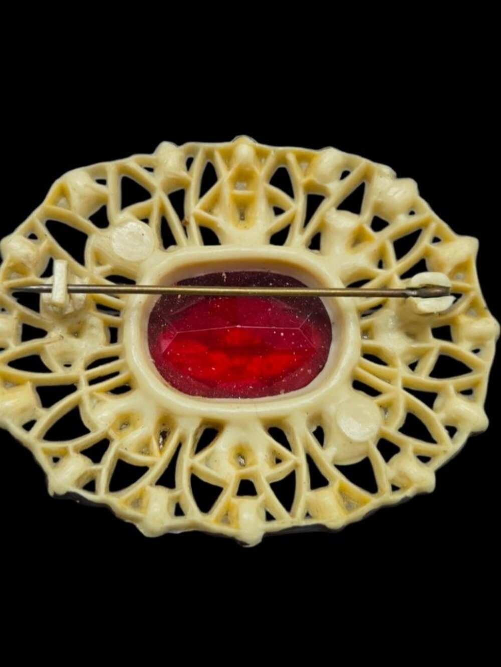 Vtg 1930s Art Deco Celluloid Filigree Brooch Central Red Stone Colorful Accents - Picture 5 of 9
